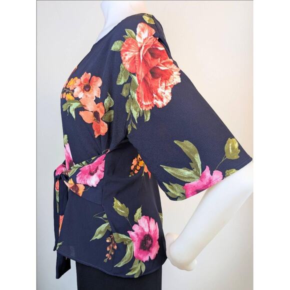 West Kei Floral Blouse Medium P Navy Pink Orange Green Tie Waist Half Sleeve - Picture 5 of 12